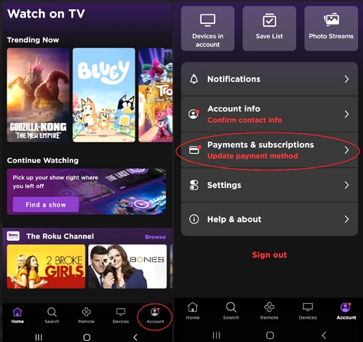 tap Payments and subscriptions | how to cancel hulu on roku
