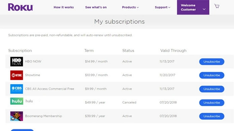 select Unsubscribe | how to cancel hulu on roku