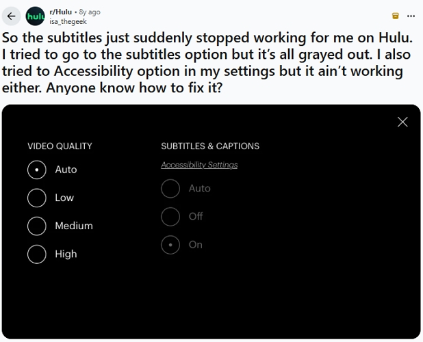 check Reddit | hulu subtitles not working
