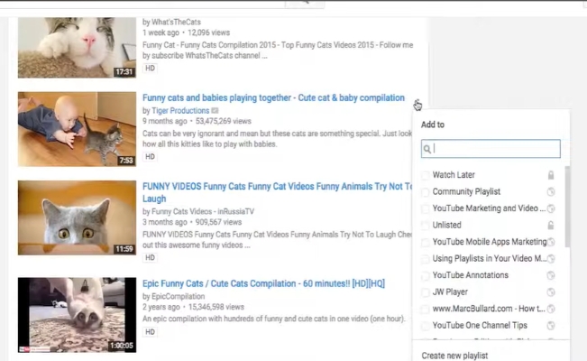 click Menu | Add Videos to Playlists on YouTube
